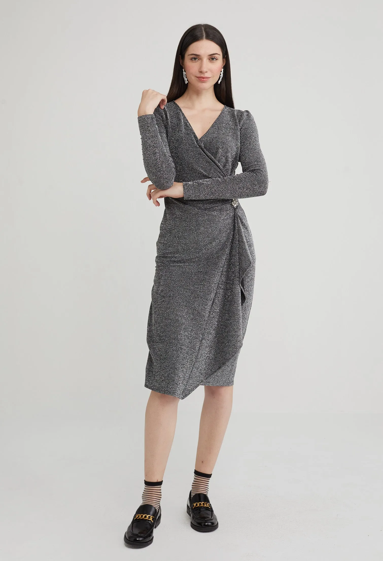 Diamante Gathered Glitter Party Dress