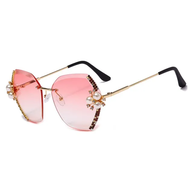 Diamond Pearl Gradient Sunglasses Women Rimless Vintage Luxury Crystal Glasses Fashion Vintage Eyeglasses Lentes De Sol Mujer