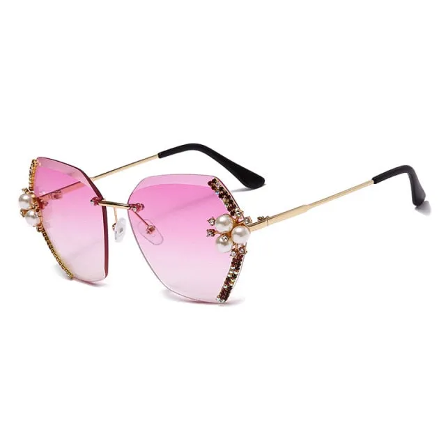 Diamond Pearl Gradient Sunglasses Women Rimless Vintage Luxury Crystal Glasses Fashion Vintage Eyeglasses Lentes De Sol Mujer