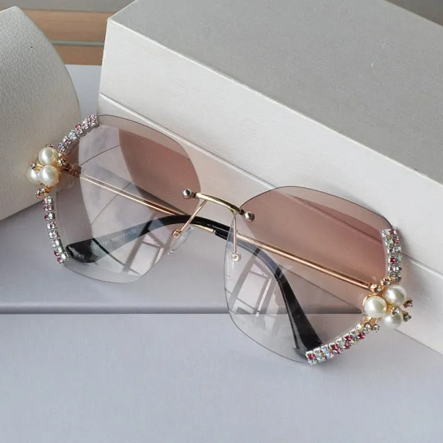 Diamond Pearl Gradient Sunglasses Women Rimless Vintage Luxury Crystal Glasses Fashion Vintage Eyeglasses Lentes De Sol Mujer