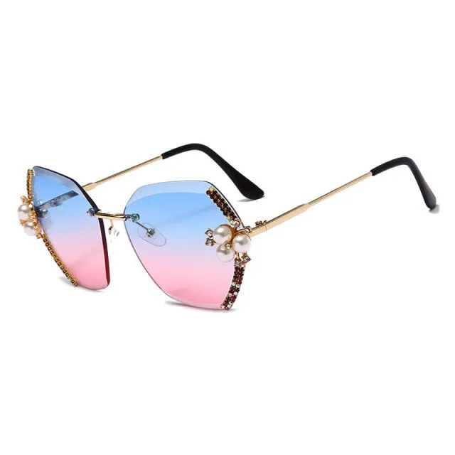 Diamond Pearl Gradient Sunglasses Women Rimless Vintage Luxury Crystal Glasses Fashion Vintage Eyeglasses Lentes De Sol Mujer