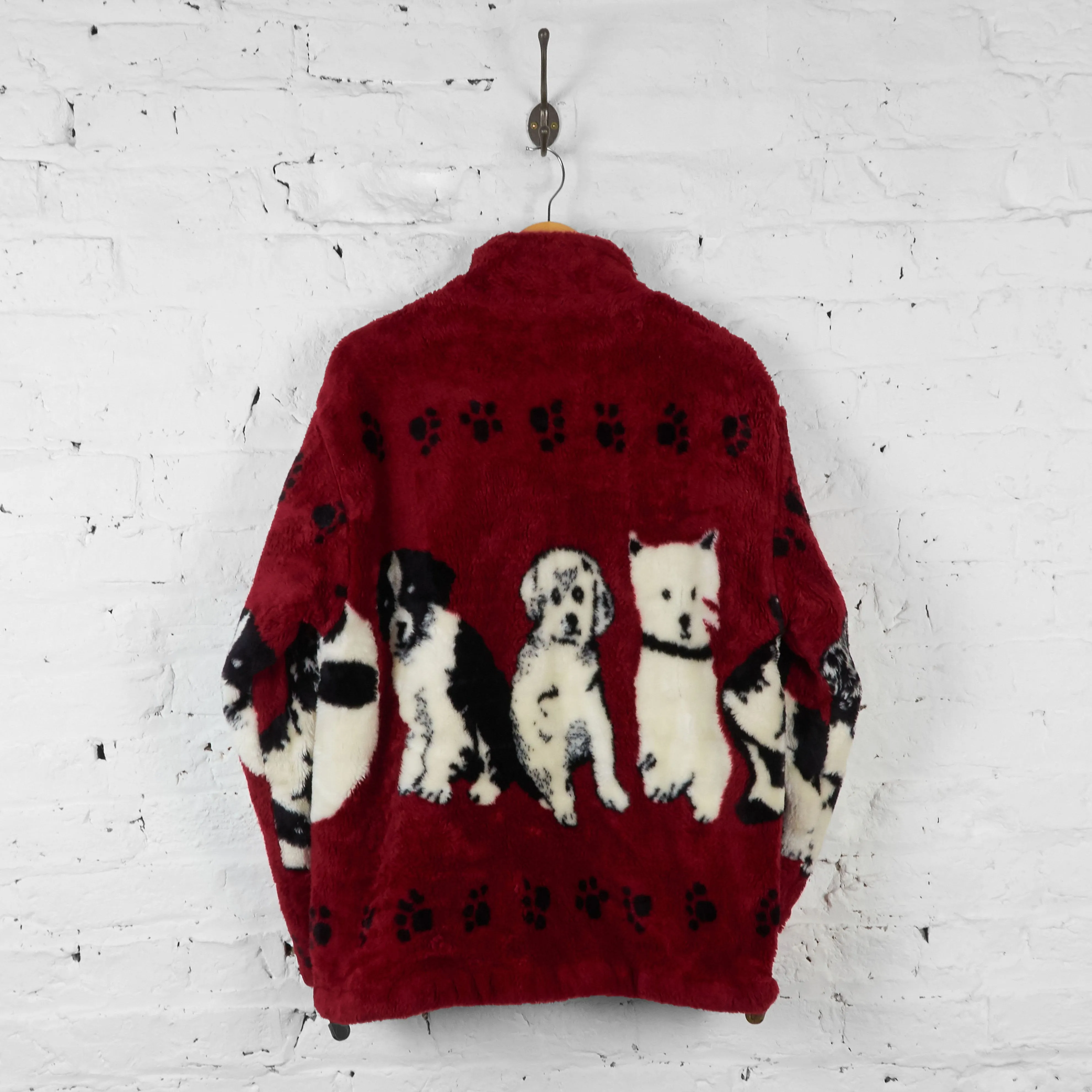 Dogs Patterned Fleece Jacket - Red - L