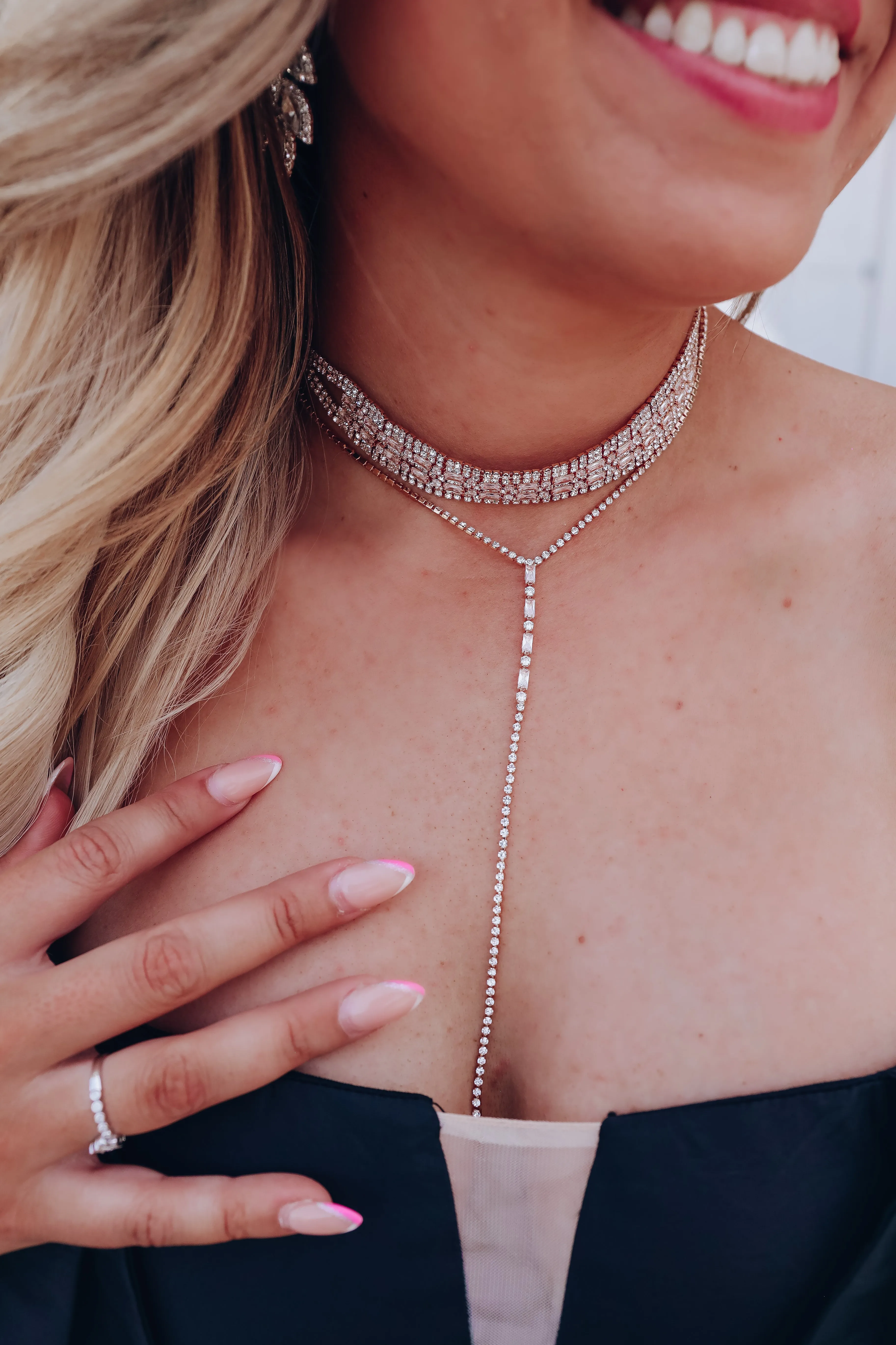Emerald Cut Bejeweled Dual Choker and Lariat Set - Gold/Clear