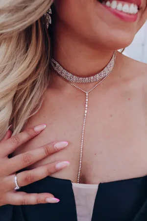 Emerald Cut Bejeweled Dual Choker and Lariat Set - Gold/Clear
