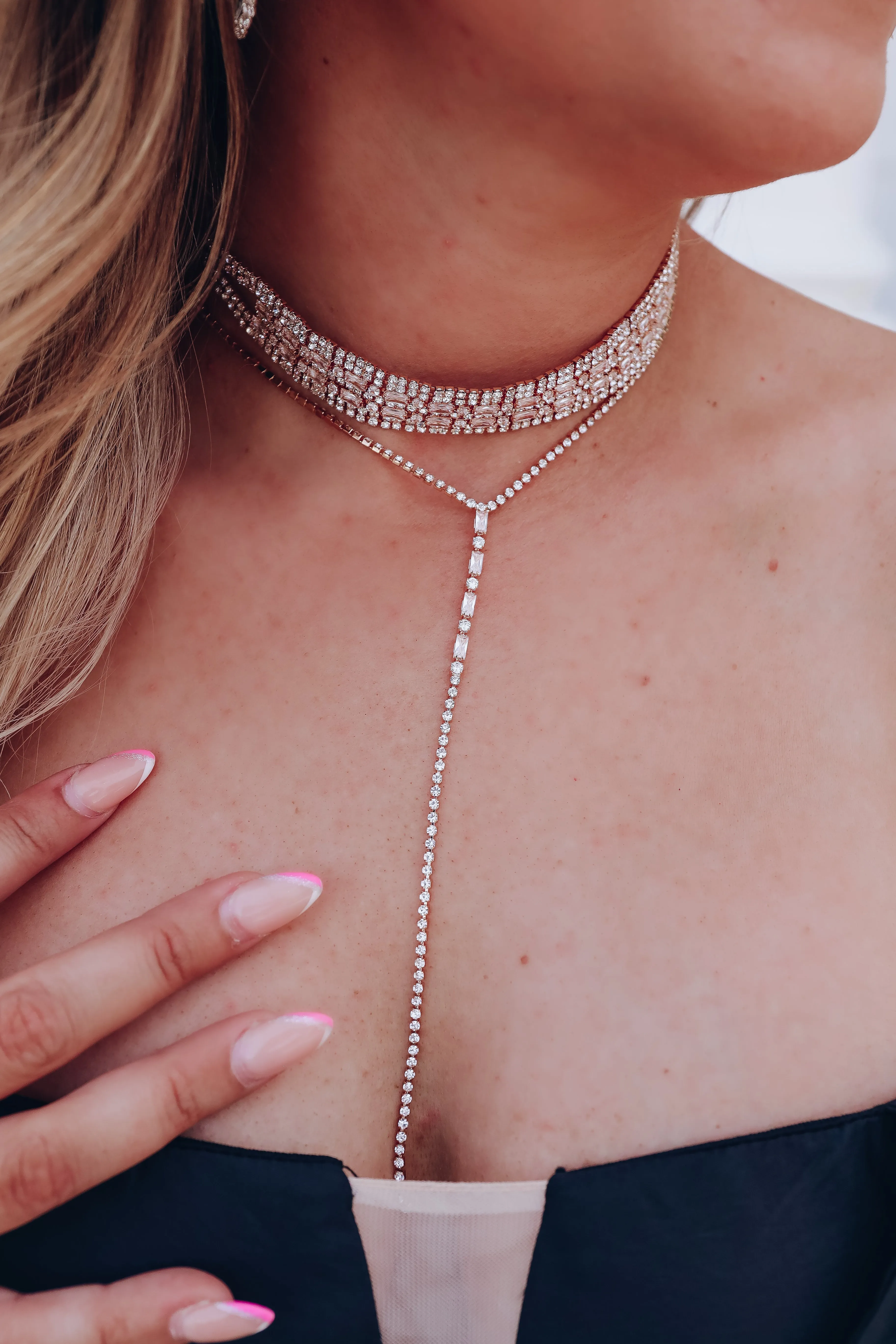 Emerald Cut Bejeweled Dual Choker and Lariat Set - Gold/Clear