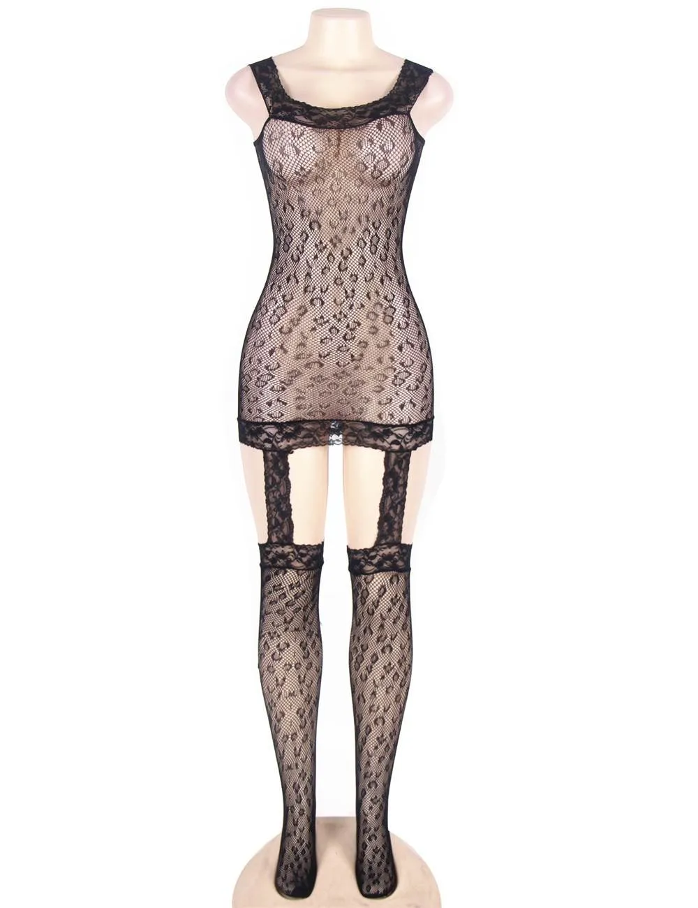 Factory price Leopard patterned garter fishnet bodystocking