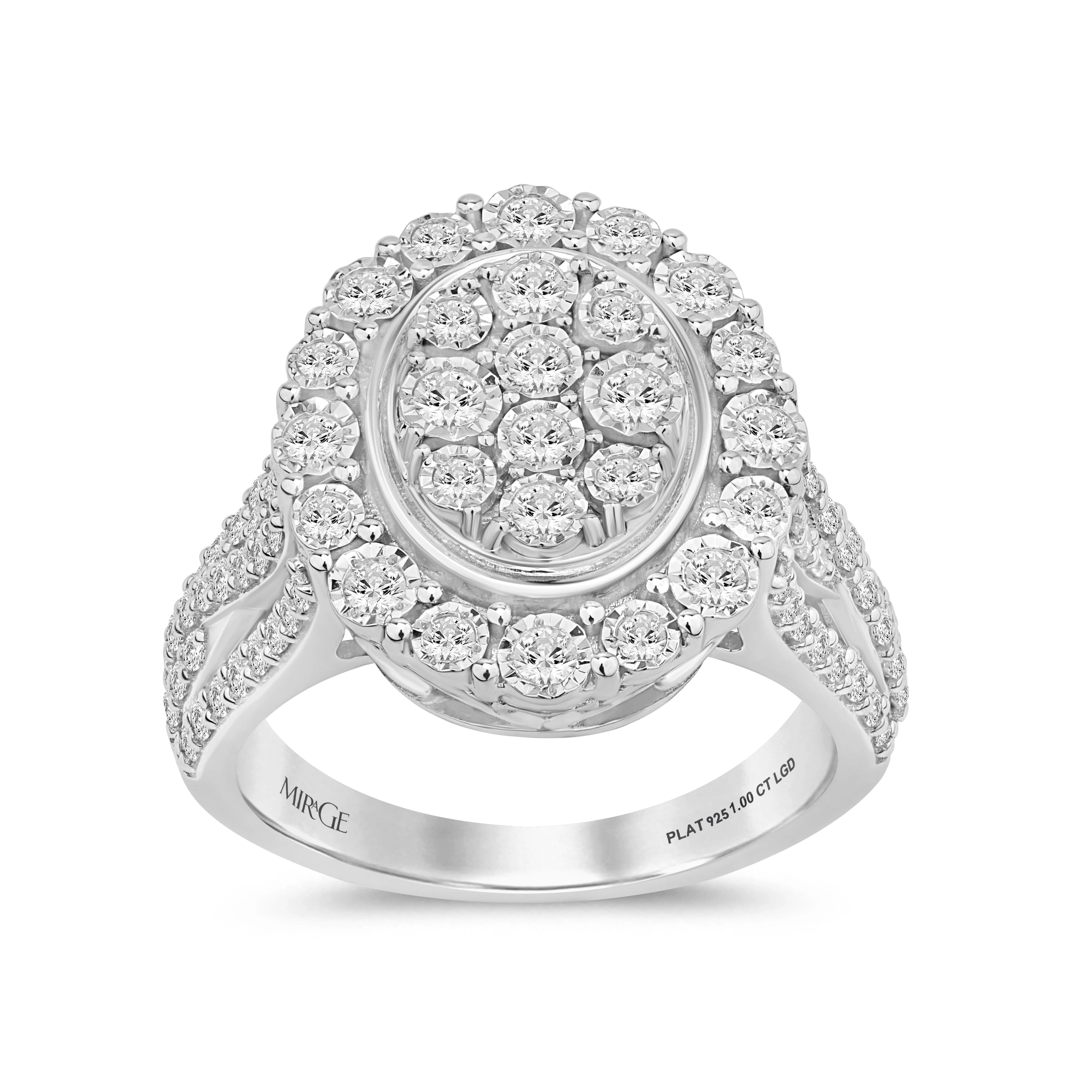 Fancy Halo Oval Shaped Ring with 1.00ct of Laboratory Grown Diamonds in Sterling Silver and Platinum