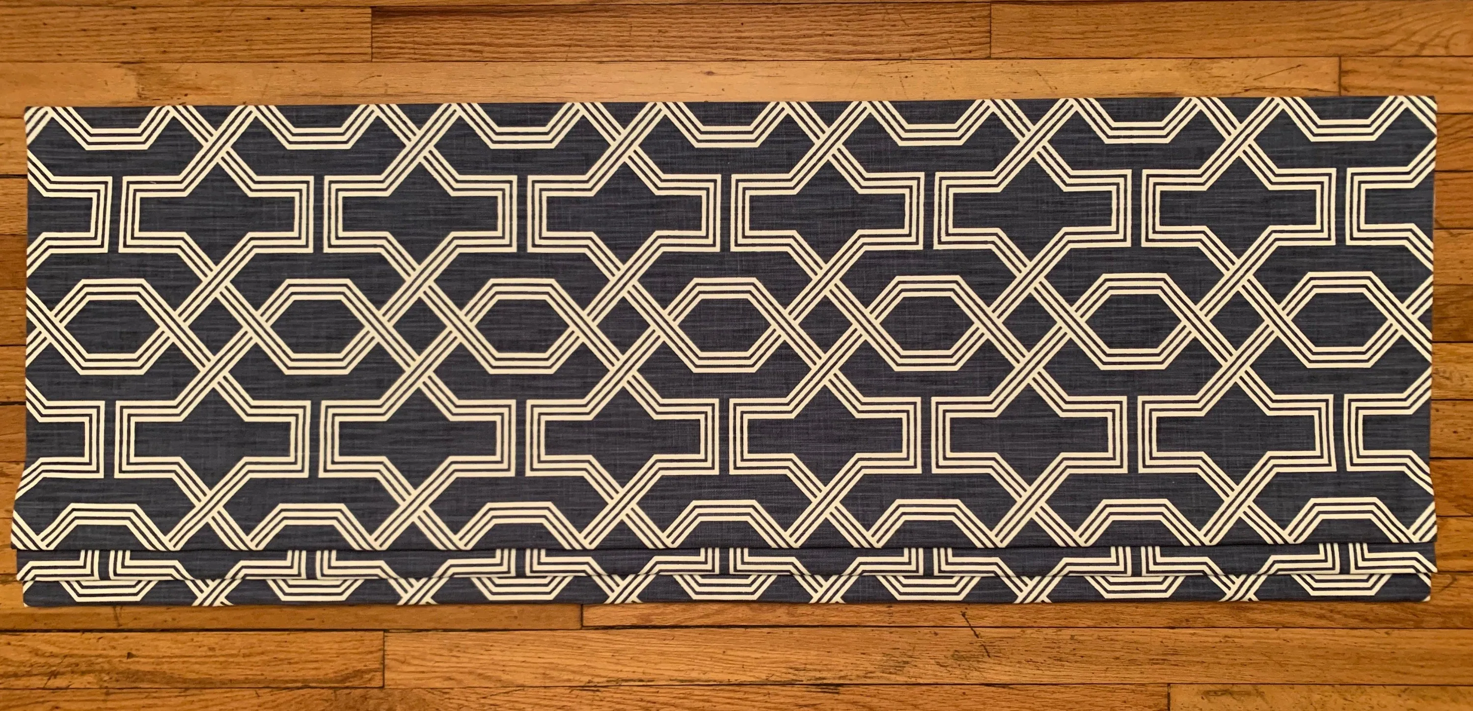 Faux Roman Shade Valance in Sapphire Blue Navy Geometric Print on Premium Cotton Linen, Fully Lined Custom Made Valance