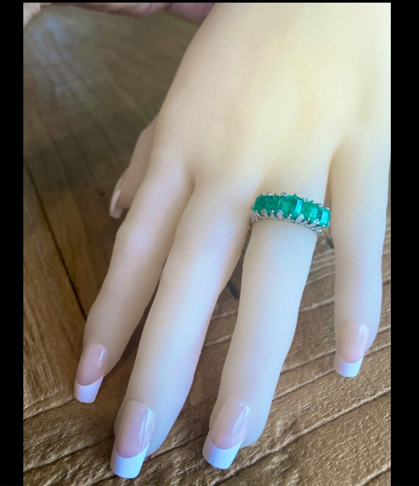Five Stone Colombian Emerald Victorian Style Ring 18K