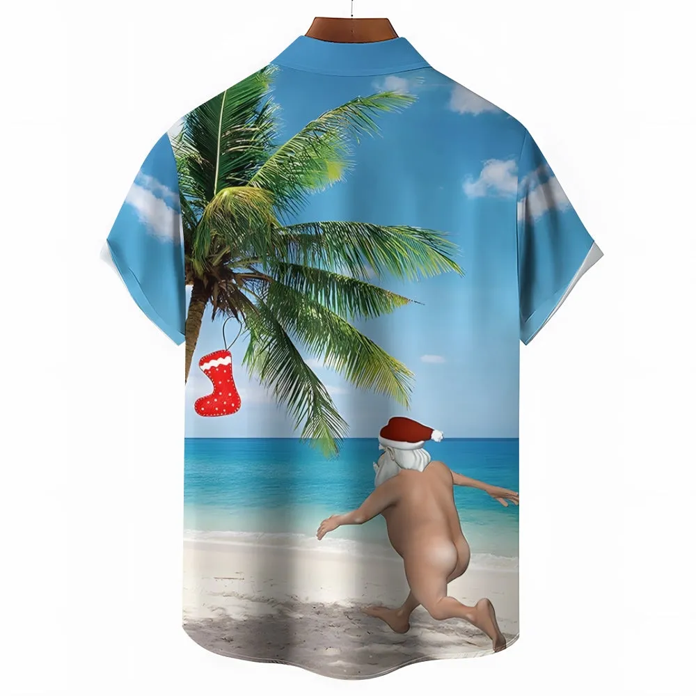 Funny Beach Naughty Santa Claus Printing Breast Pocket Short Sleeve Shirt 2411010340