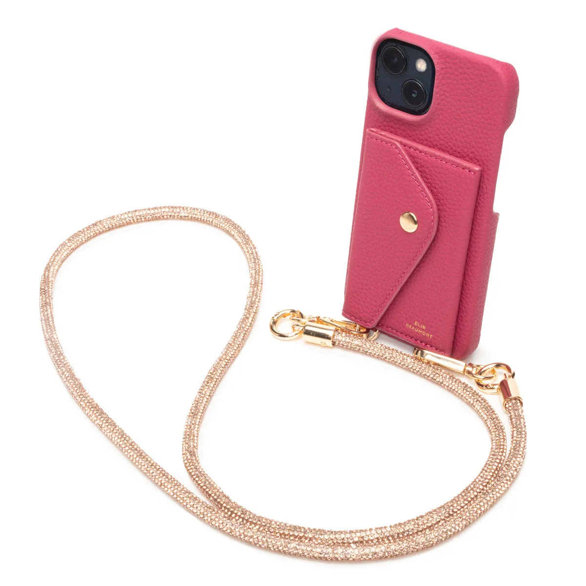 Genuine Leather iPhone Case - Azalea - Champagne Diamante Lanyard