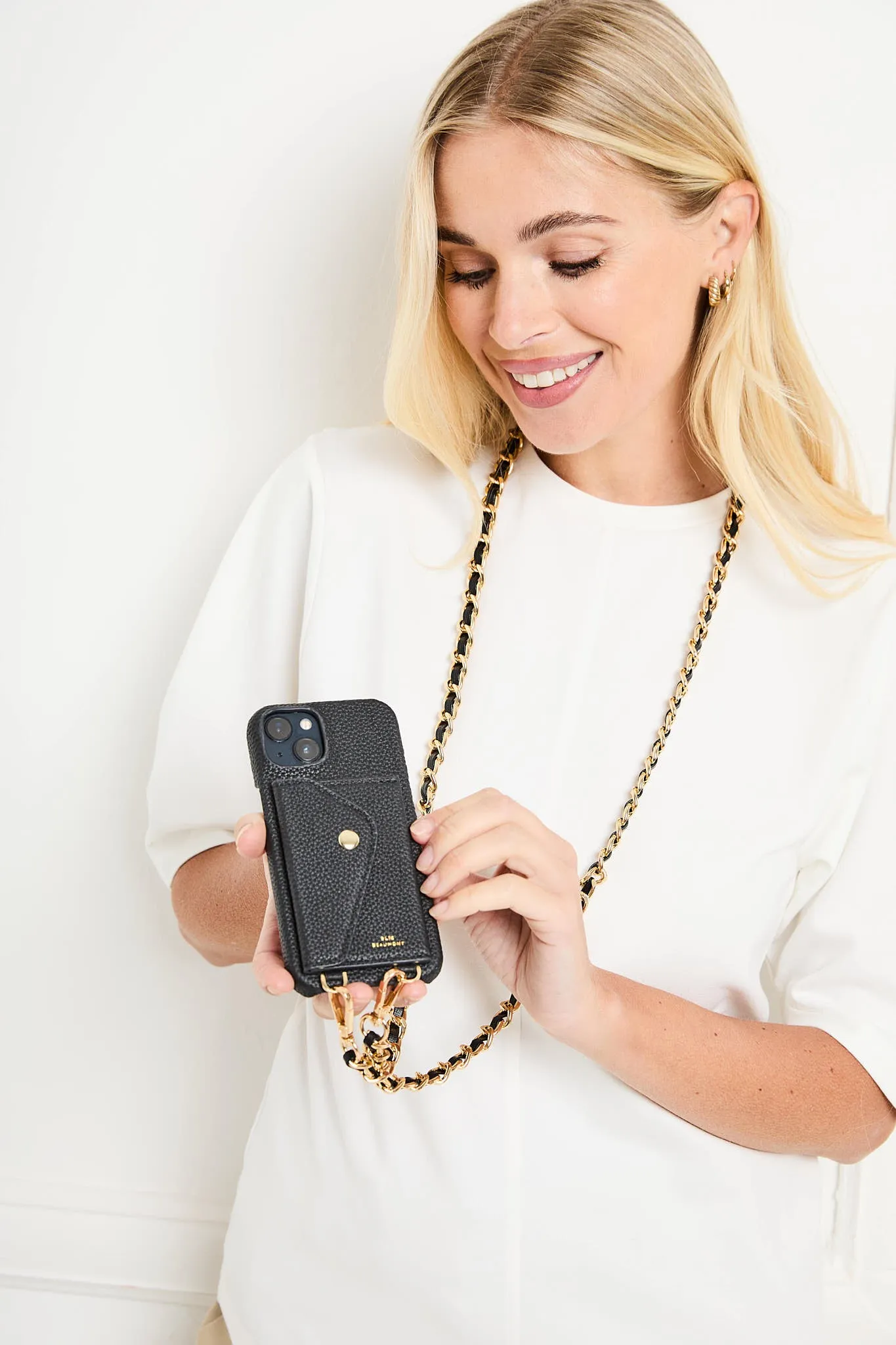 Genuine Leather iPhone Case - Black - Gold Glam Lanyard