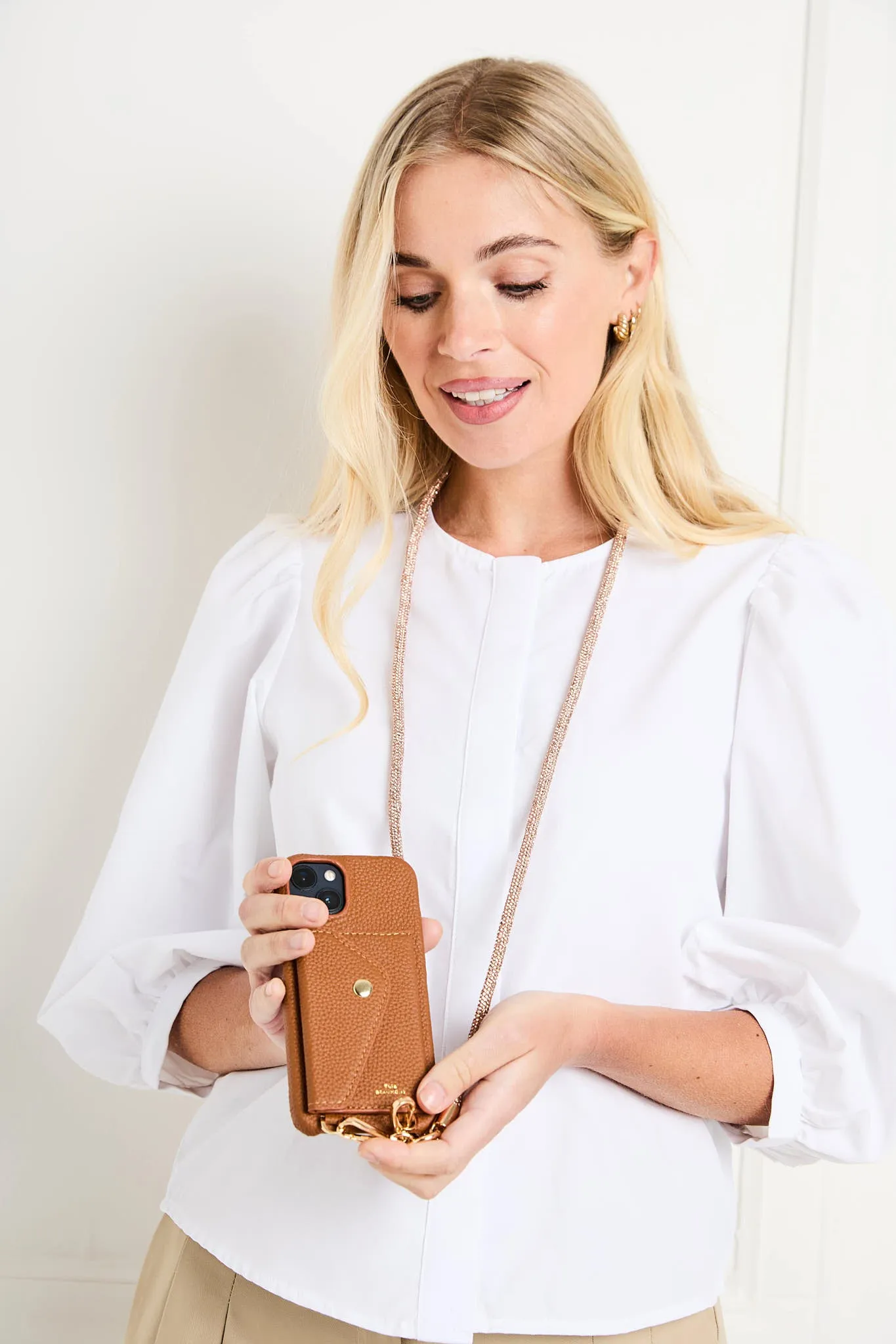 Genuine Leather iPhone Case - Tan - Gold Glam Lanyard