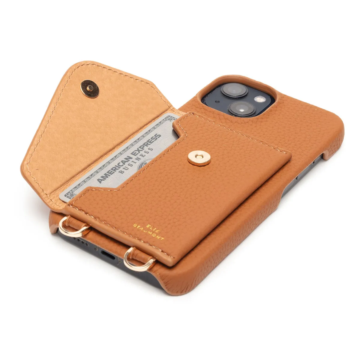 Genuine Leather iPhone Case - Tan - Gold Glam Lanyard