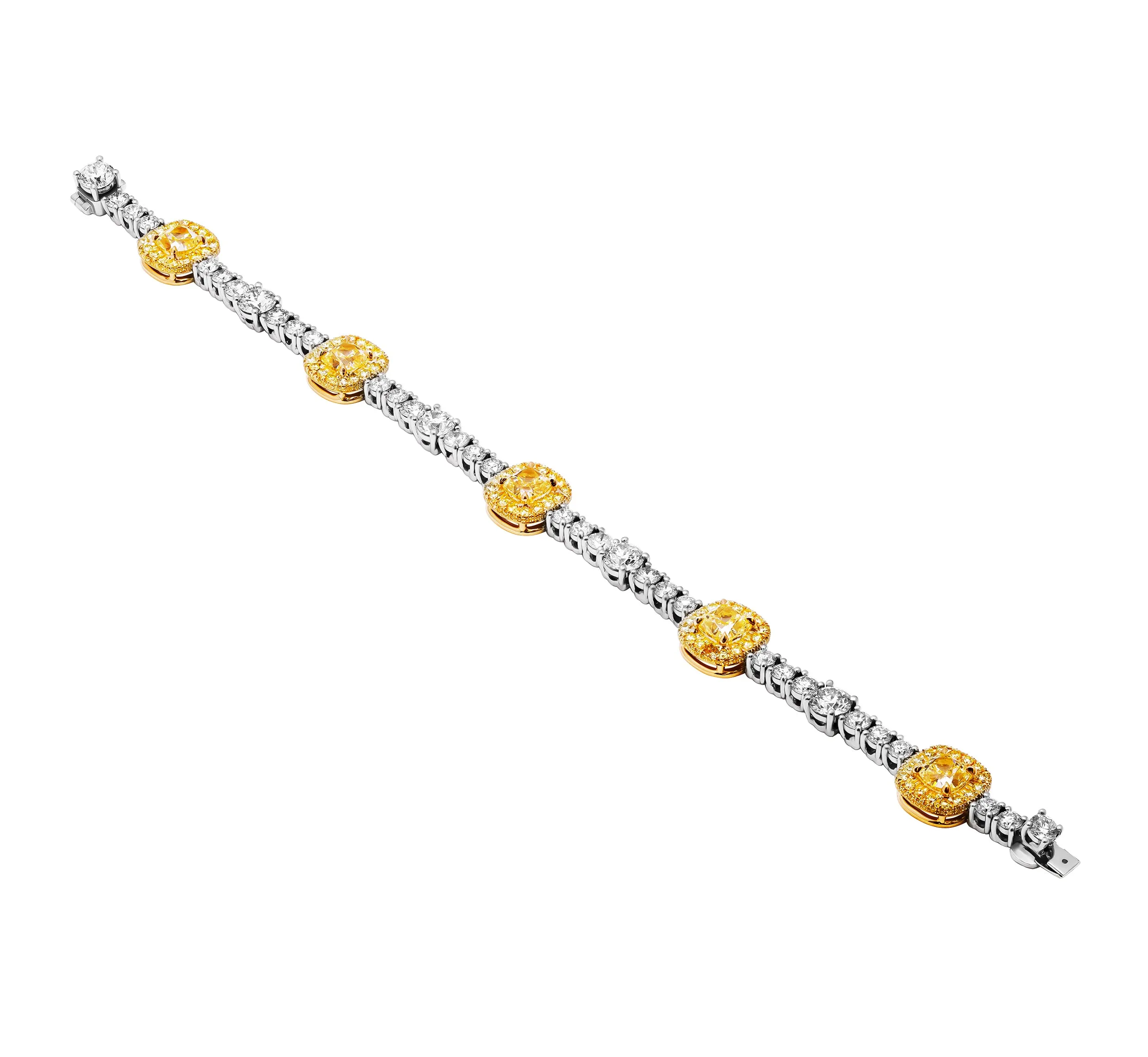 GIA Certified Tennis Bracelet with Fancy Yellow Cushions and Round Diamonds