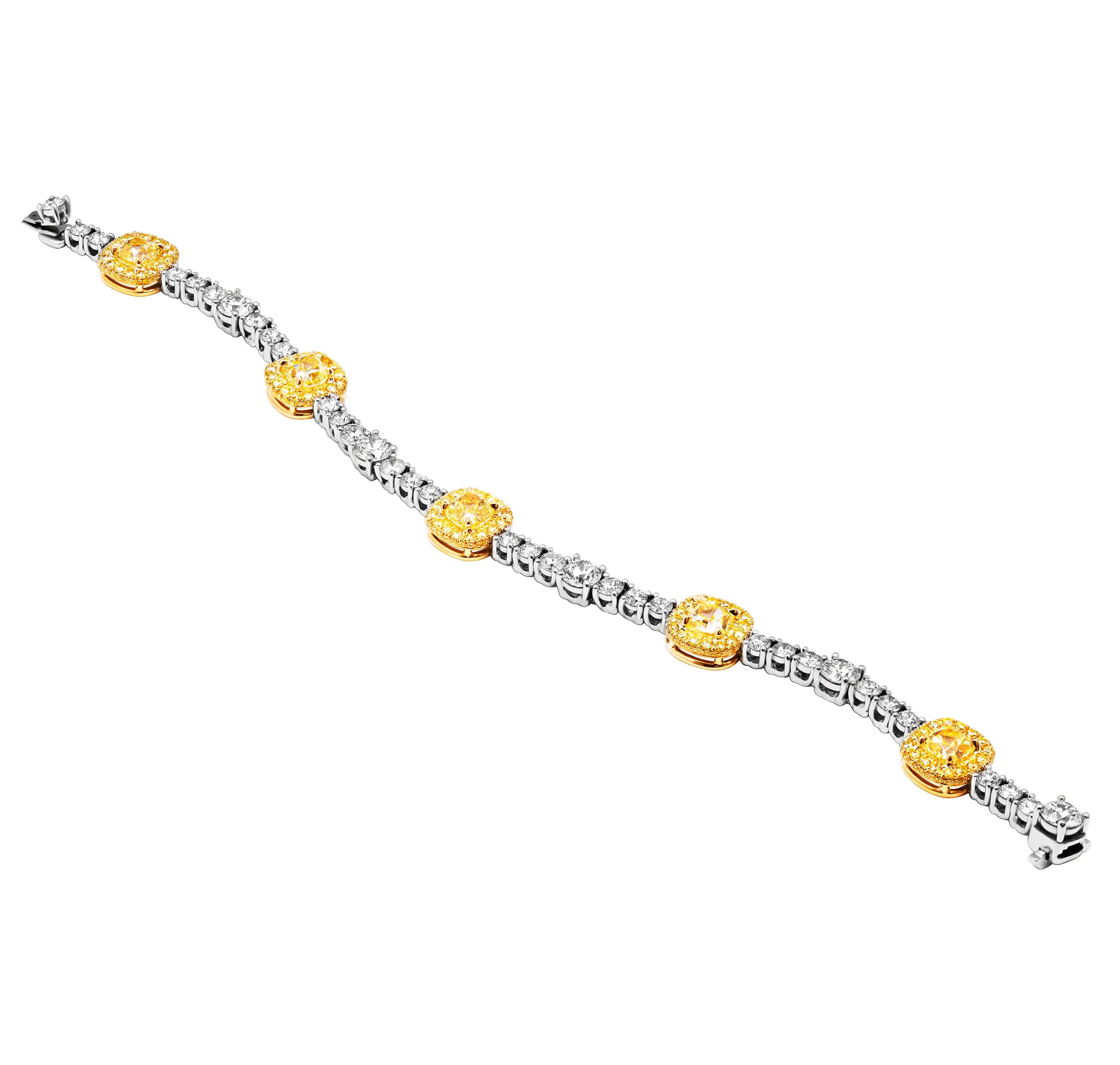 GIA Certified Tennis Bracelet with Fancy Yellow Cushions and Round Diamonds