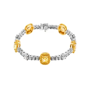 GIA Certified Tennis Bracelet with Fancy Yellow Cushions and Round Diamonds