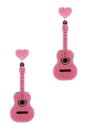Gleaming Guitar Acrylic Earrings - Pink
