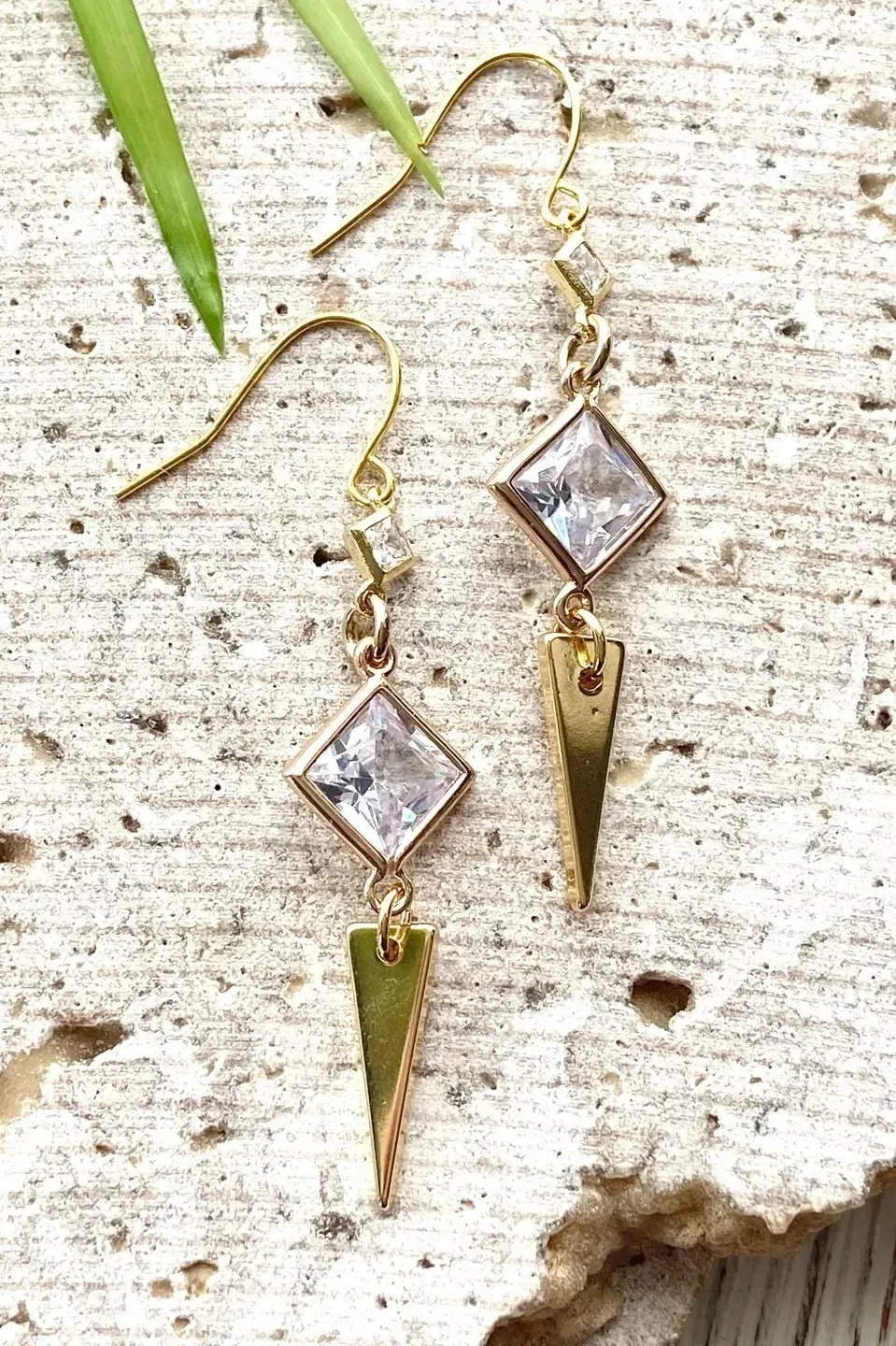 Gold Crystal Triangle Drop Earrings