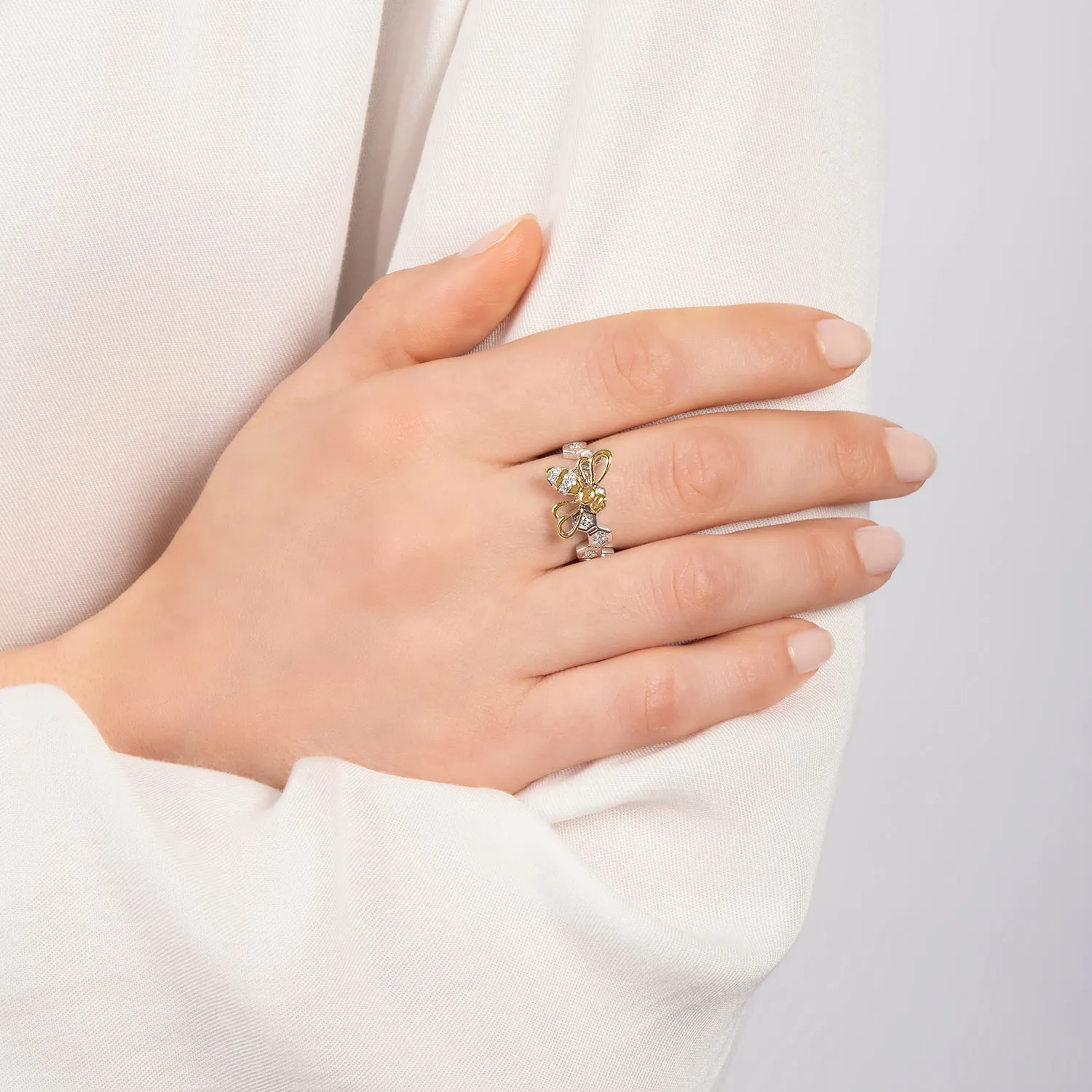 Hallmark Fine Jewelry Busy Bee Ring in Sterling Silver & 14K Yellow Gold with Diamonds