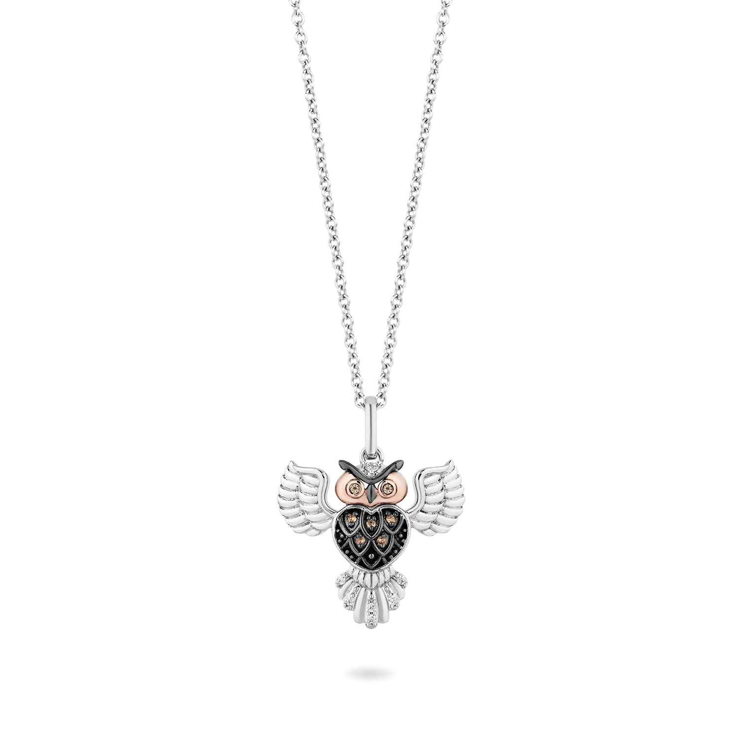 Hallmark Fine Jewelry Great Horned Owl Pendant in Sterling Silver & 14K Rose Gold with Champagne & White Diamonds