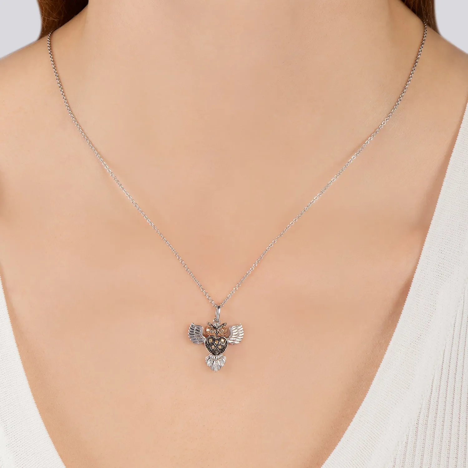 Hallmark Fine Jewelry Great Horned Owl Pendant in Sterling Silver & 14K Rose Gold with Champagne & White Diamonds