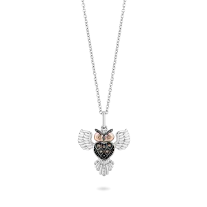 Hallmark Fine Jewelry Great Horned Owl Pendant in Sterling Silver & 14K Rose Gold with Champagne & White Diamonds
