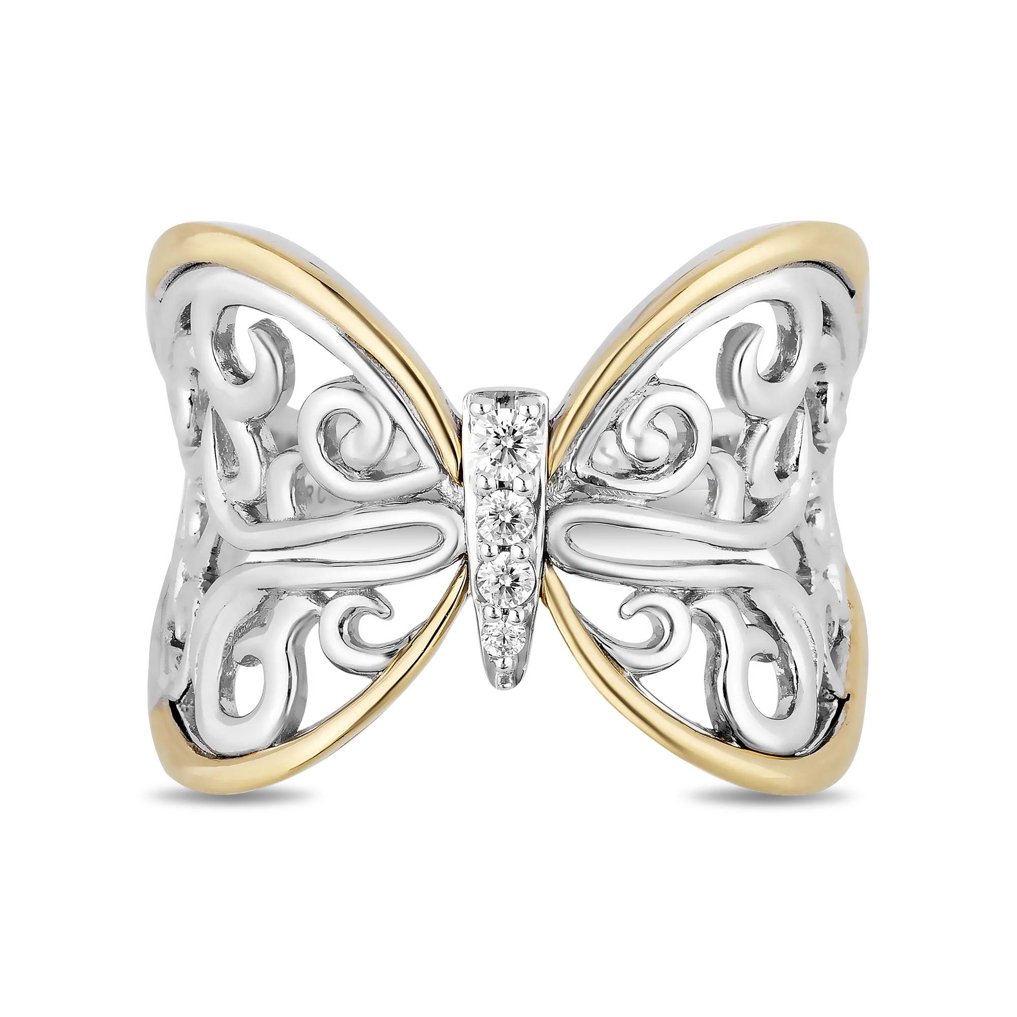 Hallmark Fine Jewelry Lace Butterfly Ring in Sterling Silver & 14K Yellow Gold with Diamonds
