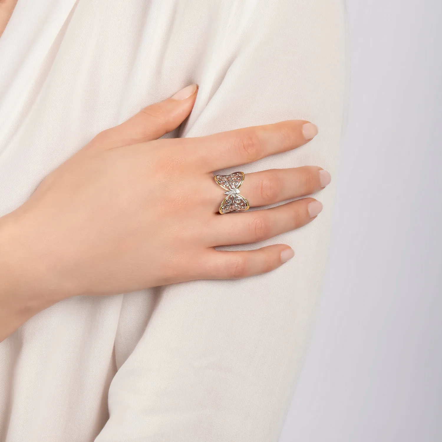 Hallmark Fine Jewelry Lace Butterfly Ring in Sterling Silver & 14K Yellow Gold with Diamonds