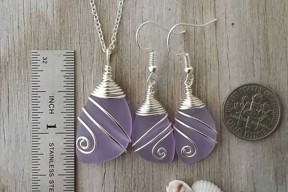 Handmade in Hawaii, Wire wrapped  "Magical Color Changing" Purple sea glass necklace   earrings jewelry set