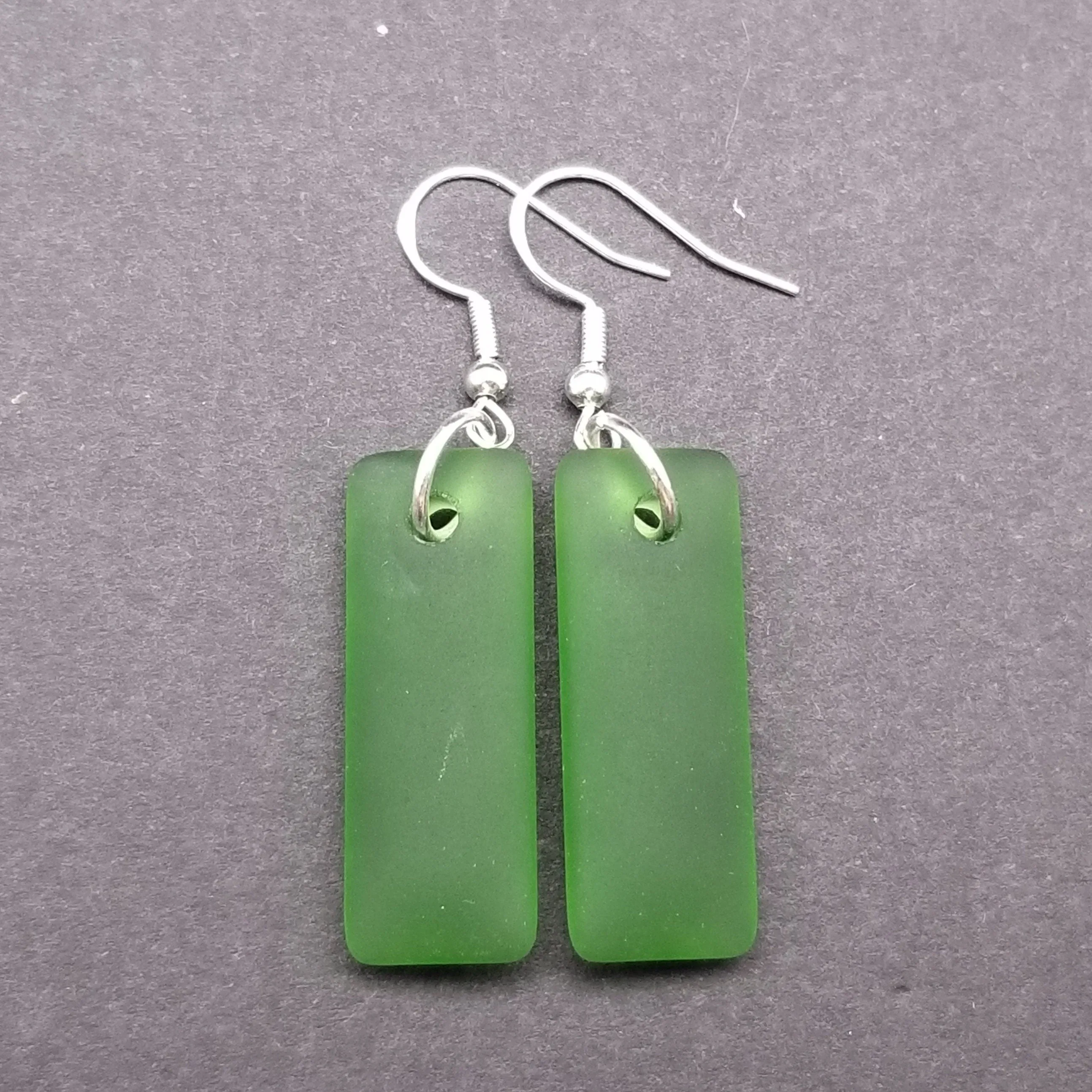 Hawaiian Jewelry Sea Glass Earrings, Rectangle Minimalist Jewelry Emerald Green Earrings, Sea Glass Birthday Gift (May Birthstone)