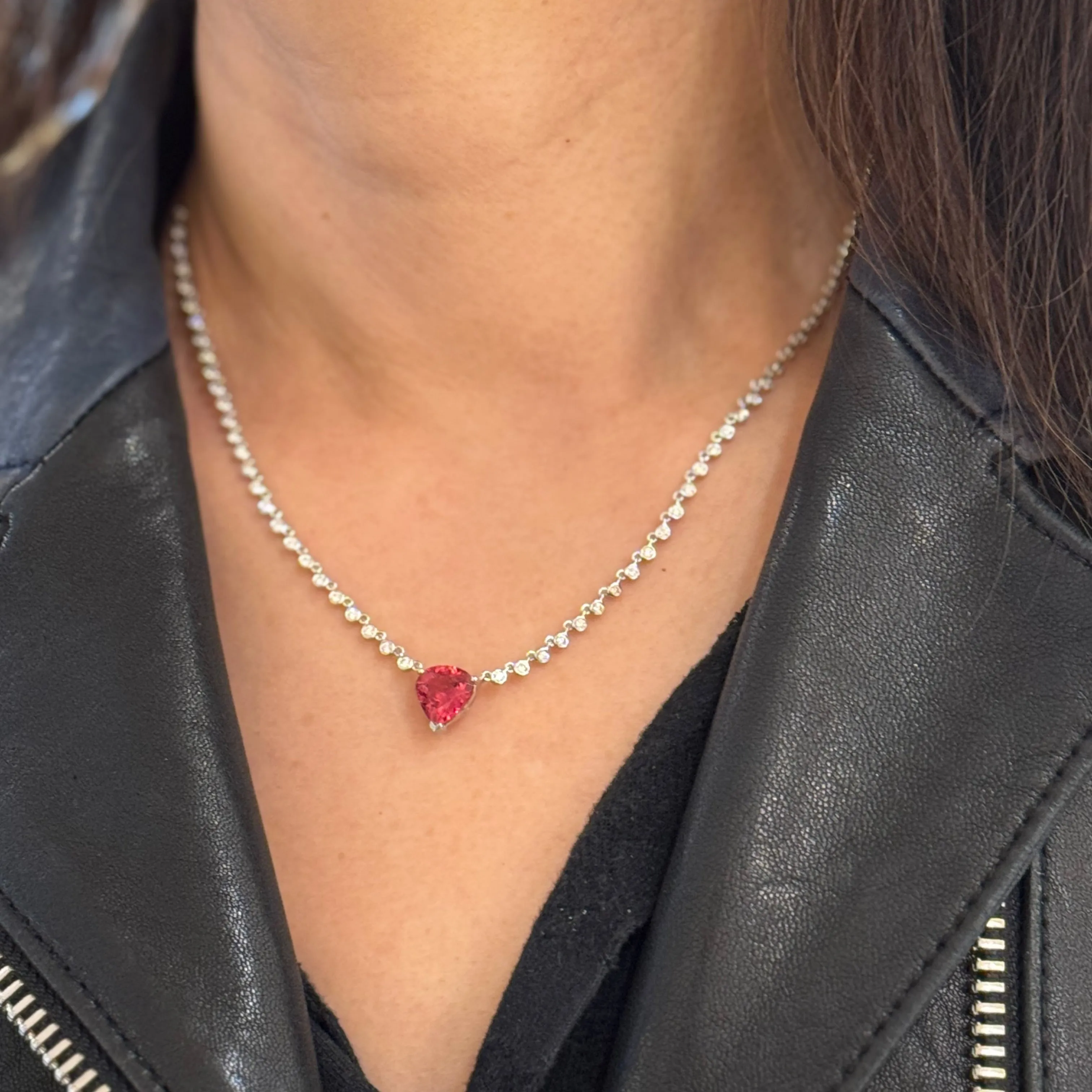 Hearty Pink Tourmaline Diamond Chain Necklace in 18k