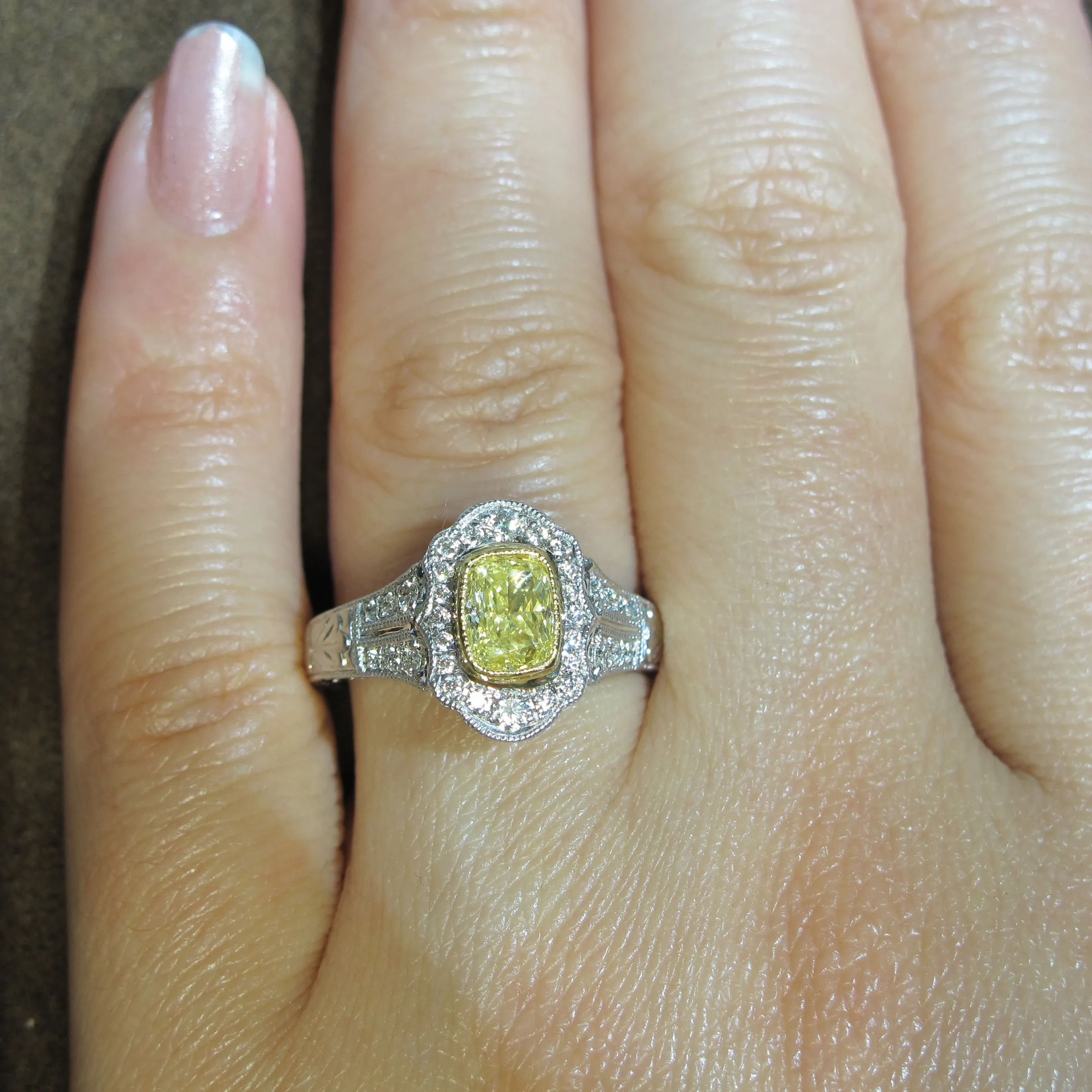Henri Daussi Fancy Yellow  Cushion Center GIA Certified 0.70ct Pave 0.37ct Ring