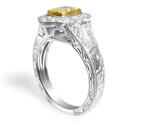 Henri Daussi Fancy Yellow  Cushion Center GIA Certified 0.70ct Pave 0.37ct Ring