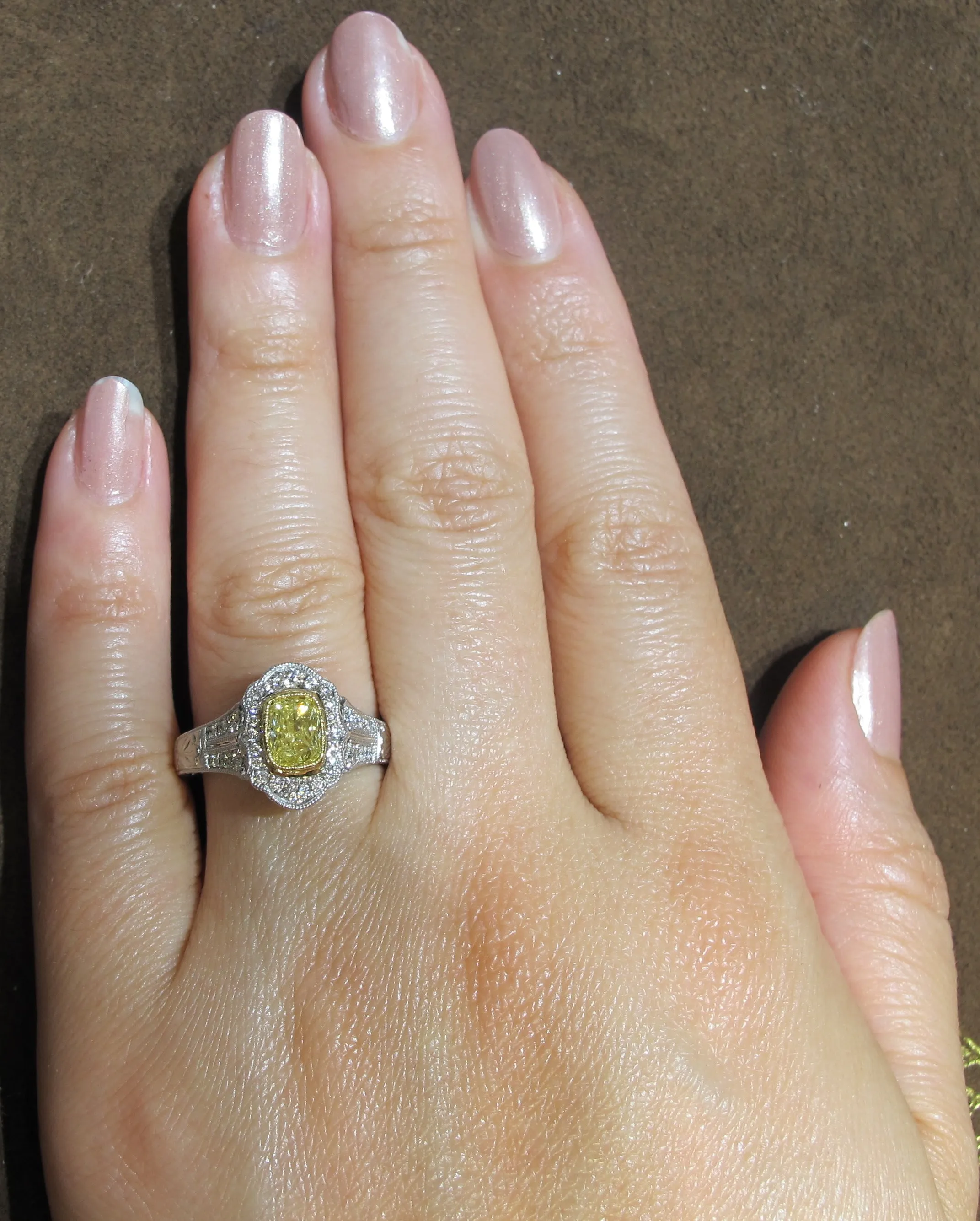 Henri Daussi Fancy Yellow  Cushion Center GIA Certified 0.70ct Pave 0.37ct Ring