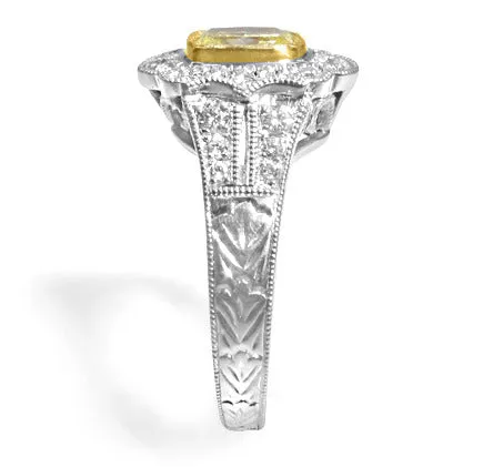 Henri Daussi Fancy Yellow  Cushion Center GIA Certified 0.70ct Pave 0.37ct Ring