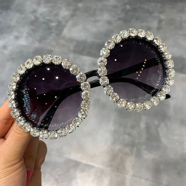 Hot sales custom logo private label fashion round luxury shades bling diamond sun glasses crystal women sunglasses trendy
