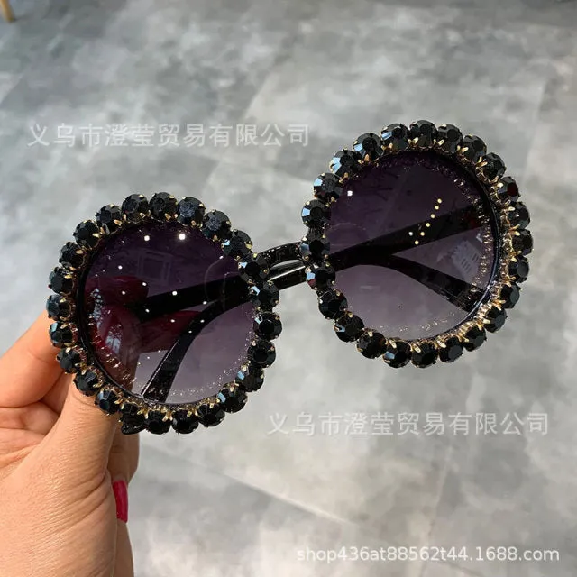 Hot sales custom logo private label fashion round luxury shades bling diamond sun glasses crystal women sunglasses trendy