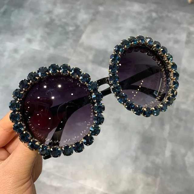 Hot sales custom logo private label fashion round luxury shades bling diamond sun glasses crystal women sunglasses trendy