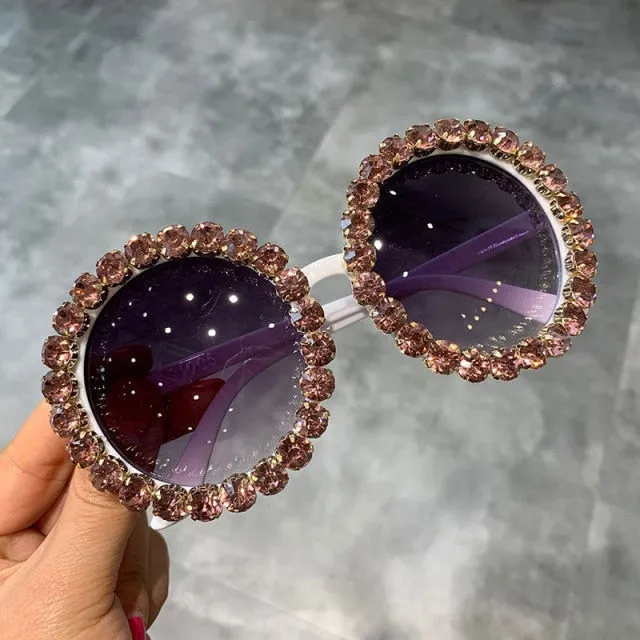 Hot sales custom logo private label fashion round luxury shades bling diamond sun glasses crystal women sunglasses trendy