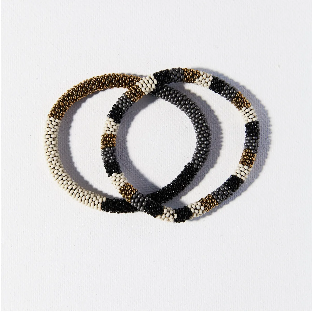 Ink Alloy Set Of 2 Slide-On Stacking Beaded Bracelets - Black/Ivory/Gold