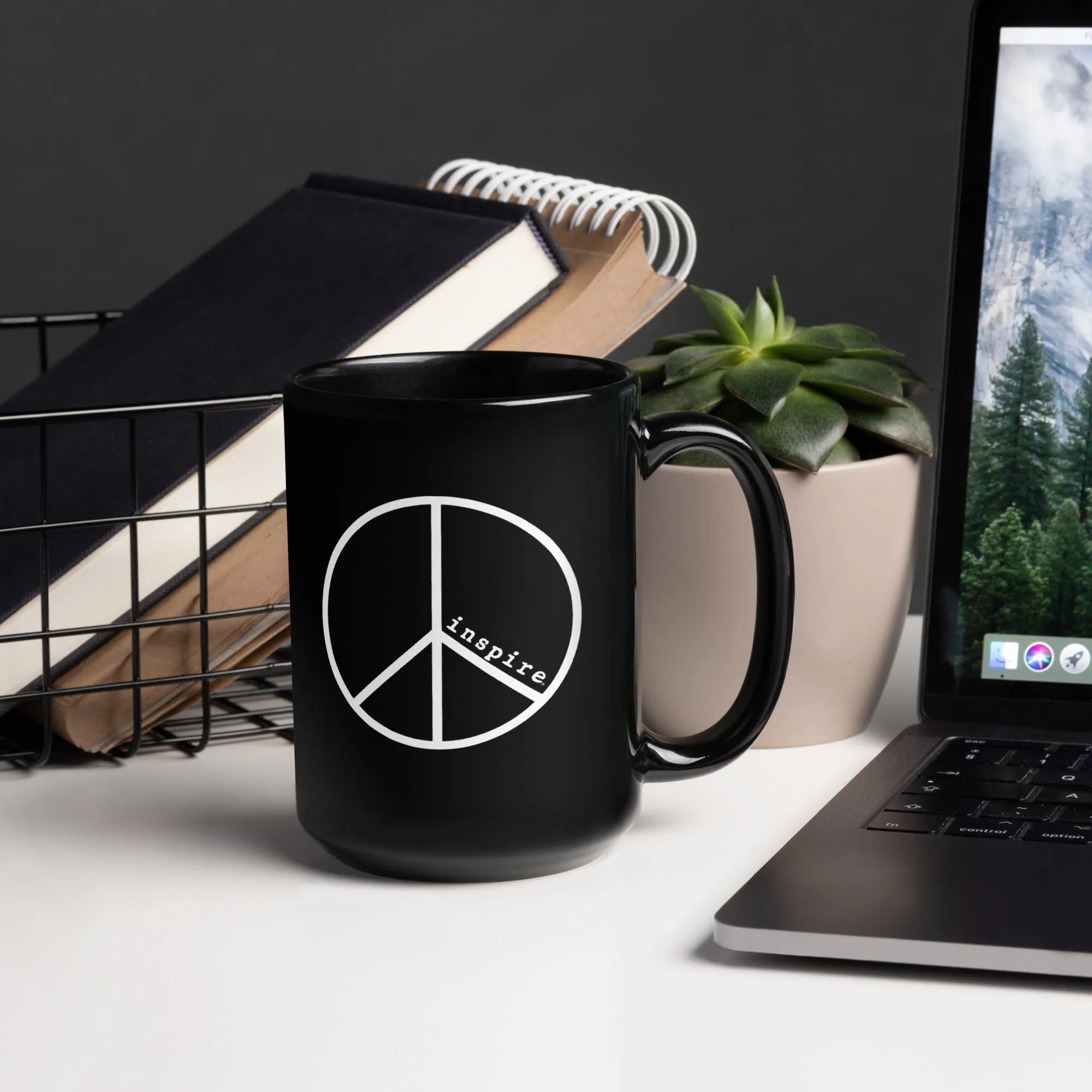 inspire White Lettering Print Black Glossy Mug
