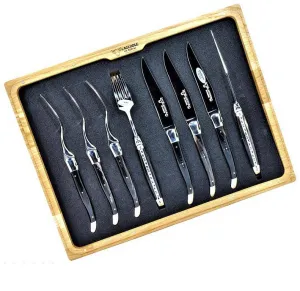 Laguiole en Aubrac 8-Piece Set with 4 Handcrafted Steak Knives and 4 Forks with Buffalo Horn Handles