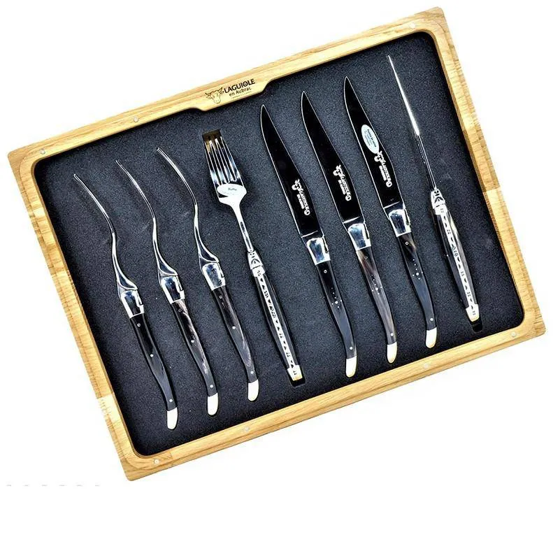 Laguiole en Aubrac 8-Piece Set with 4 Handcrafted Steak Knives and 4 Forks with Buffalo Horn Handles