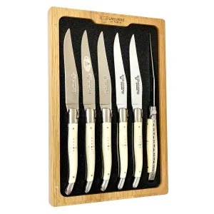 Laguiole en Aubrac Handcrafted 6-Piece Steak Knife Set with Bone Handle, Polished Bolsters