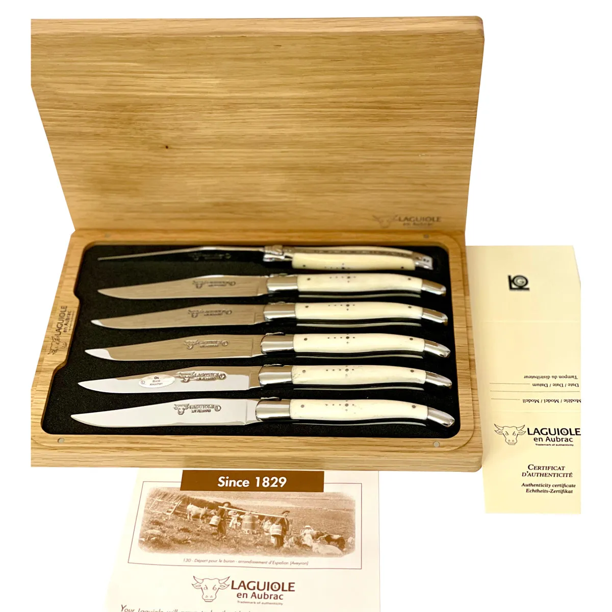 Laguiole en Aubrac Handcrafted 6-Piece Steak Knife Set with Bone Handle, Polished Bolsters