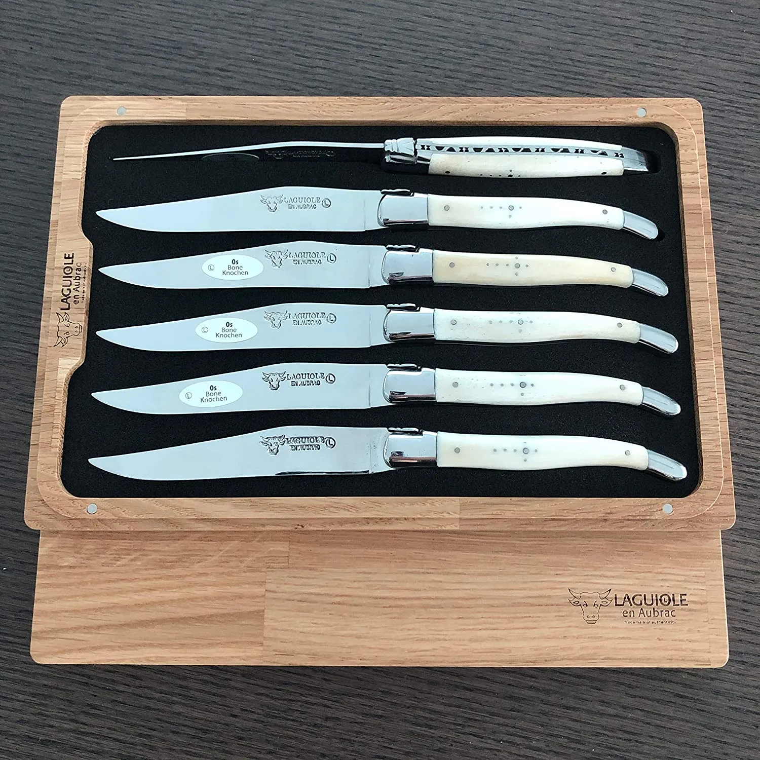 Laguiole en Aubrac Handcrafted 6-Piece Steak Knife Set with Bone Handle, Polished Bolsters
