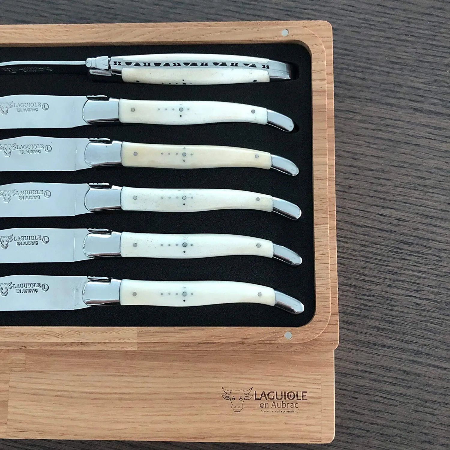 Laguiole en Aubrac Handcrafted 6-Piece Steak Knife Set with Bone Handle, Polished Bolsters