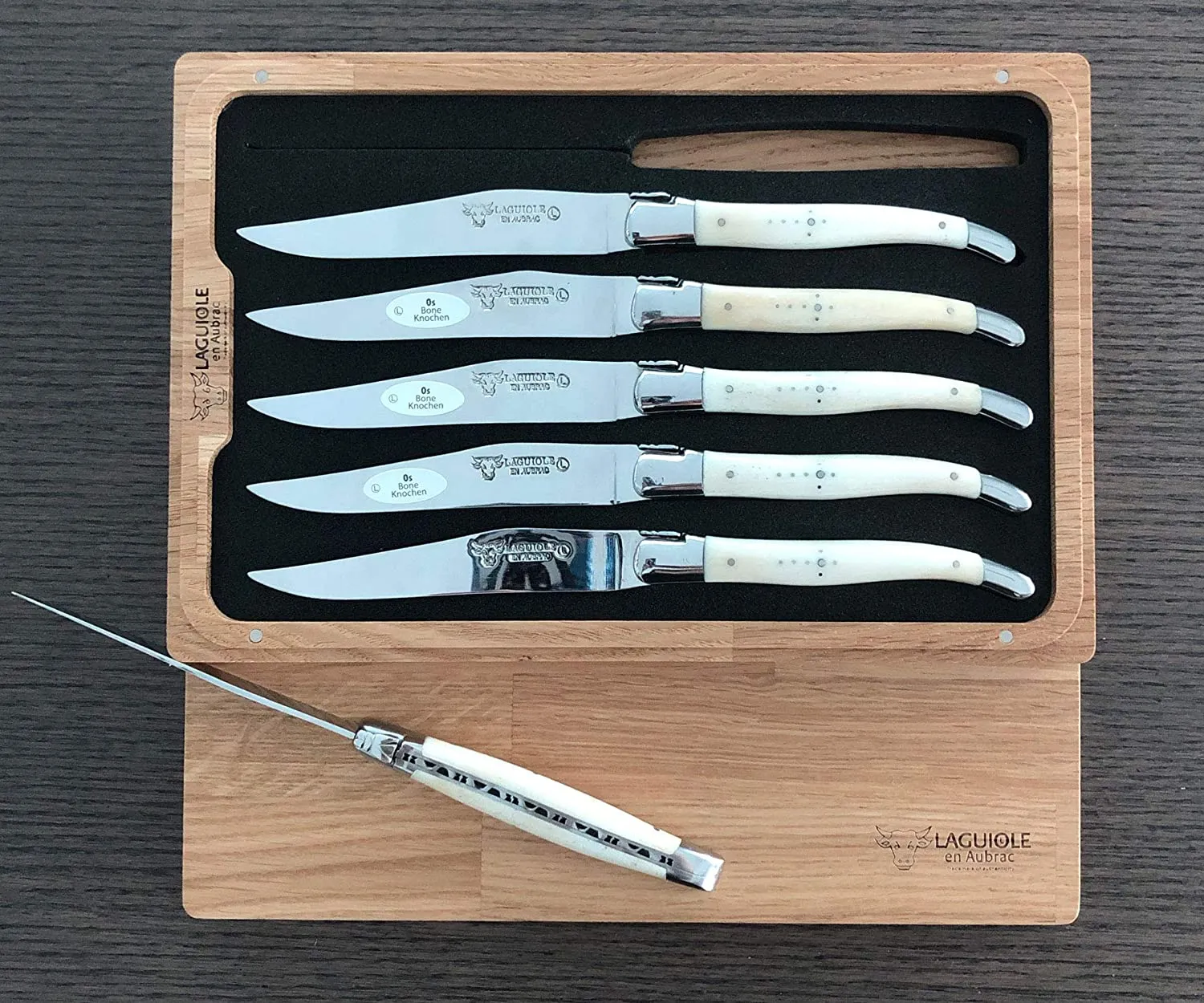 Laguiole en Aubrac Handcrafted 6-Piece Steak Knife Set with Bone Handle, Polished Bolsters