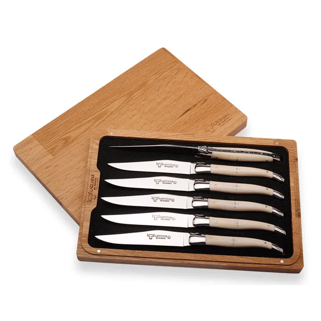 Laguiole en Aubrac Handcrafted 6-Piece Steak Knife Set with Bone Handle, Polished Bolsters